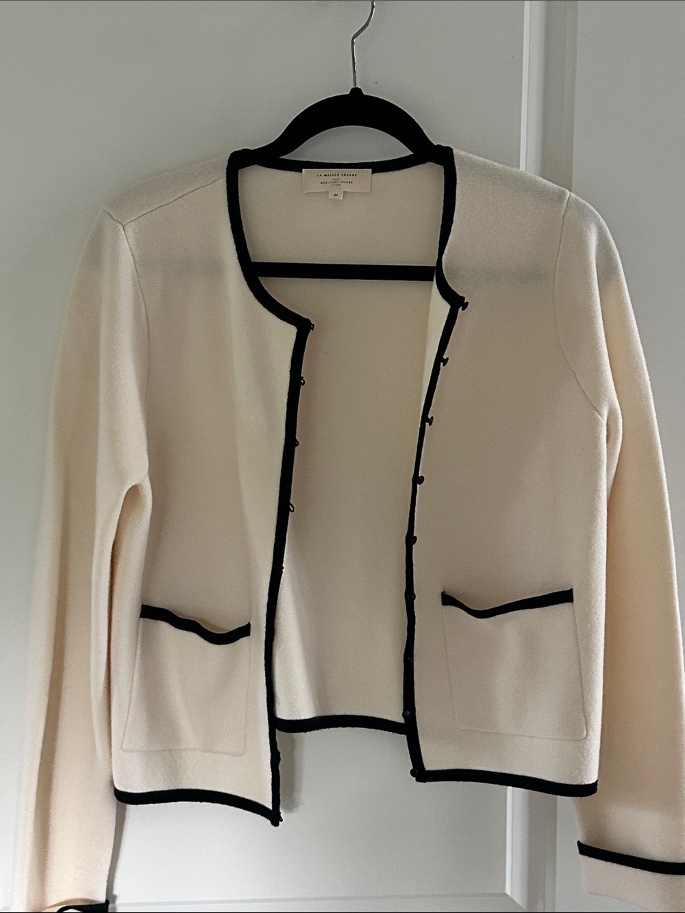 Cream Knit Contrast-Trim Cardigan Jacket